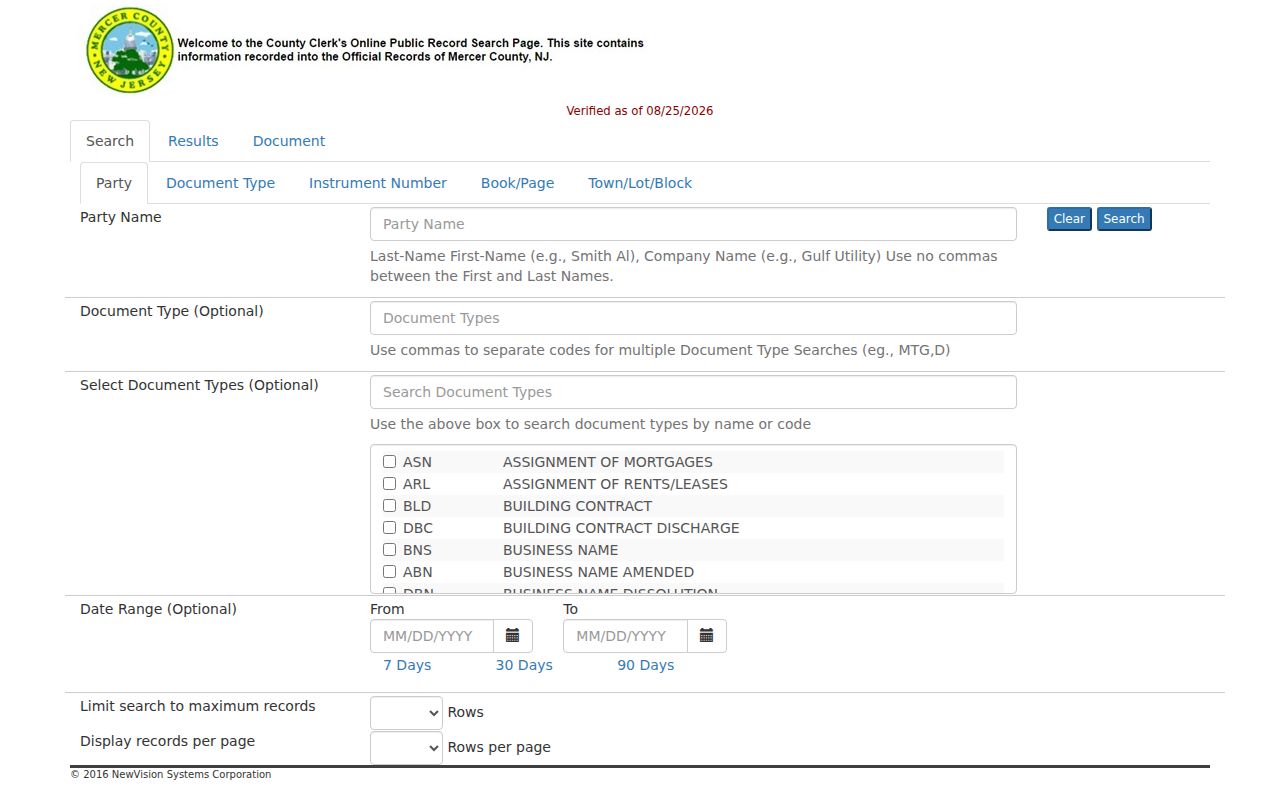 Princeton residents directory Mercer land-record search interface