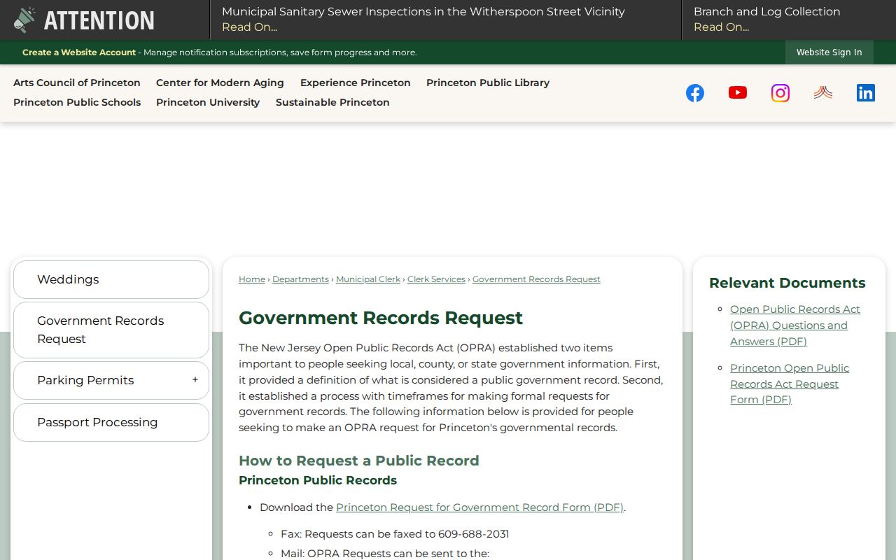 Princeton residents directory municipal OPRA request route