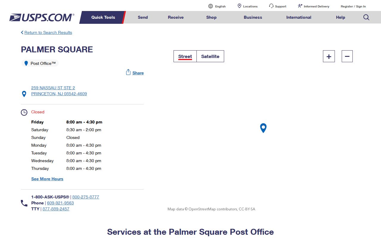 Princeton ZIP code directory USPS Palmer Square Post Office details